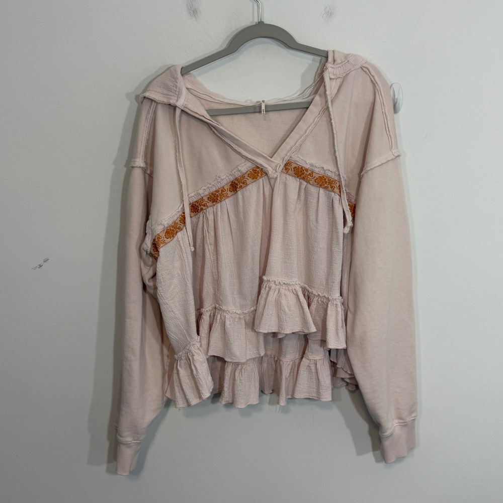 Free People Womens Harry Hoodie M Pink Boho Ruffle Slouchy Oversized Gauzy